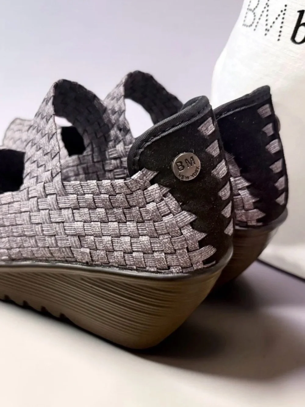 Bernie Mev Lulia Woven Stretch Platform Mary Jane Comfort Wedge Gray and Black